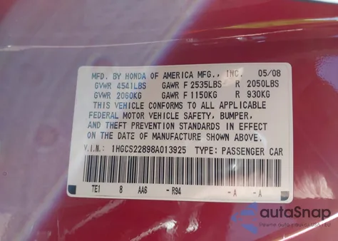 2008 Honda Accord 3.5 Ex-L z USA, uszkodzony, nr VIN 1HGCS22898A013925